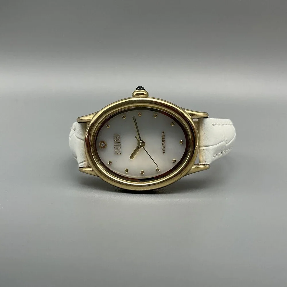 Ecclissi Facets Womens Watch 24mm MOP Dial Gold Tone Leather Diamond New Battery